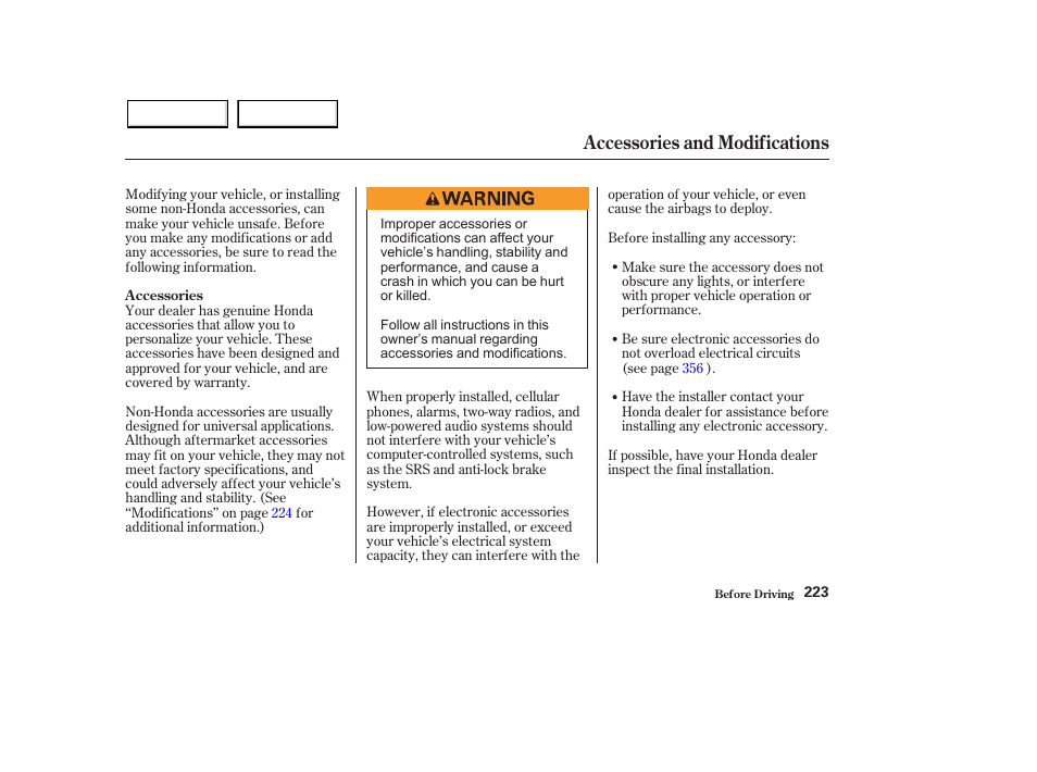 Accessories and modifications | HONDA 2003 Pilot - Owner's Manual User Manual | Page 227 / 392