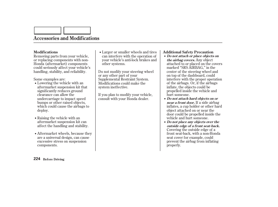 Accessories and modifications | HONDA 2003 Pilot - Owner's Manual User Manual | Page 228 / 392
