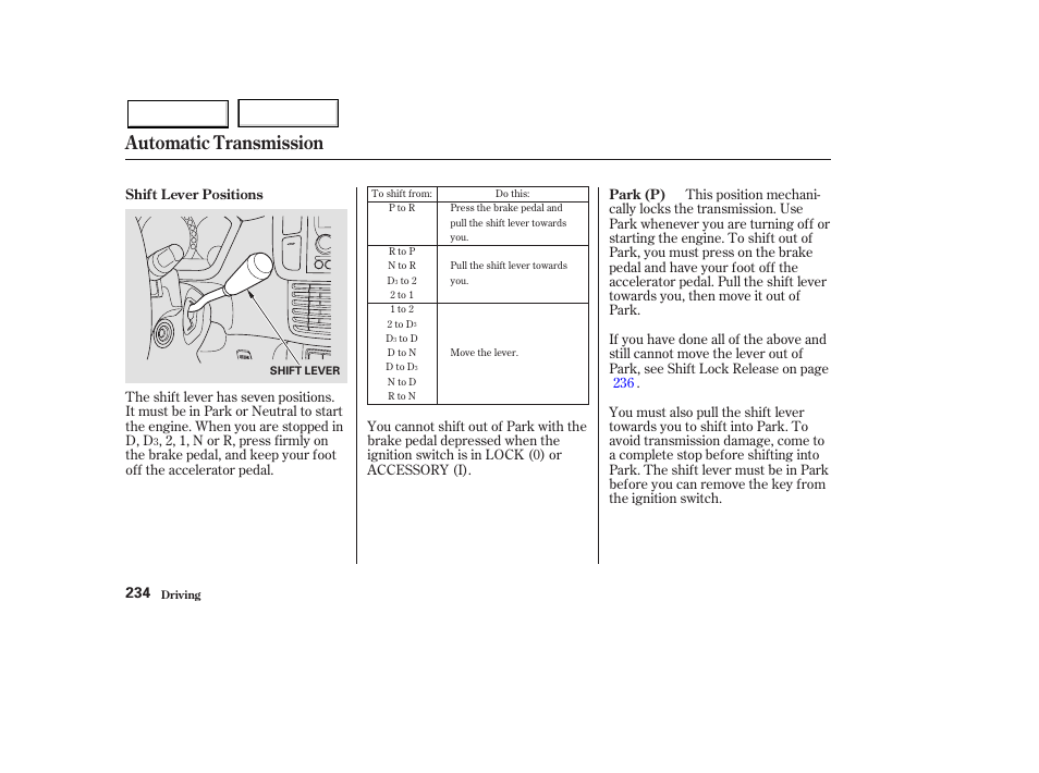 Automatic transmission | HONDA 2003 Pilot - Owner's Manual User Manual | Page 238 / 392