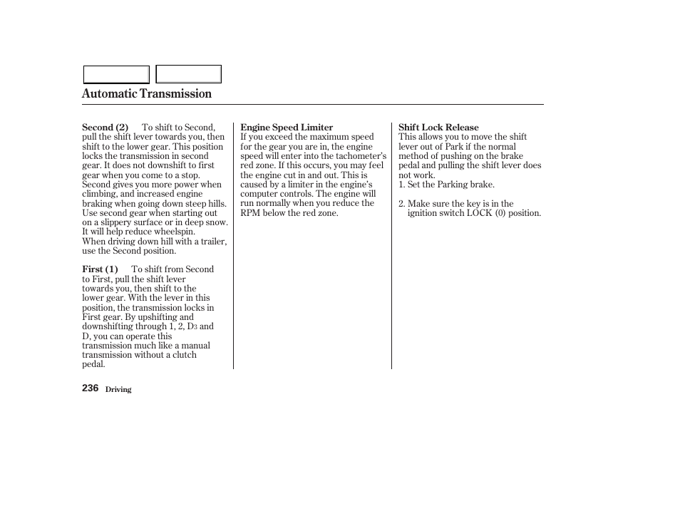 Automatic transmission | HONDA 2003 Pilot - Owner's Manual User Manual | Page 240 / 392