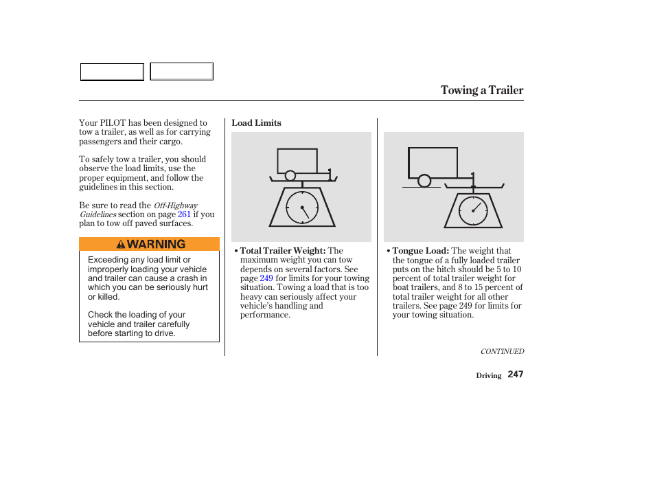 Towing a trailer | HONDA 2003 Pilot - Owner's Manual User Manual | Page 251 / 392