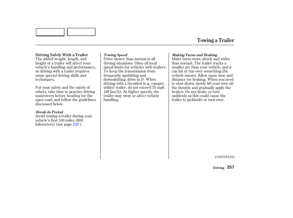 Towing a trailer | HONDA 2003 Pilot - Owner's Manual User Manual | Page 261 / 392