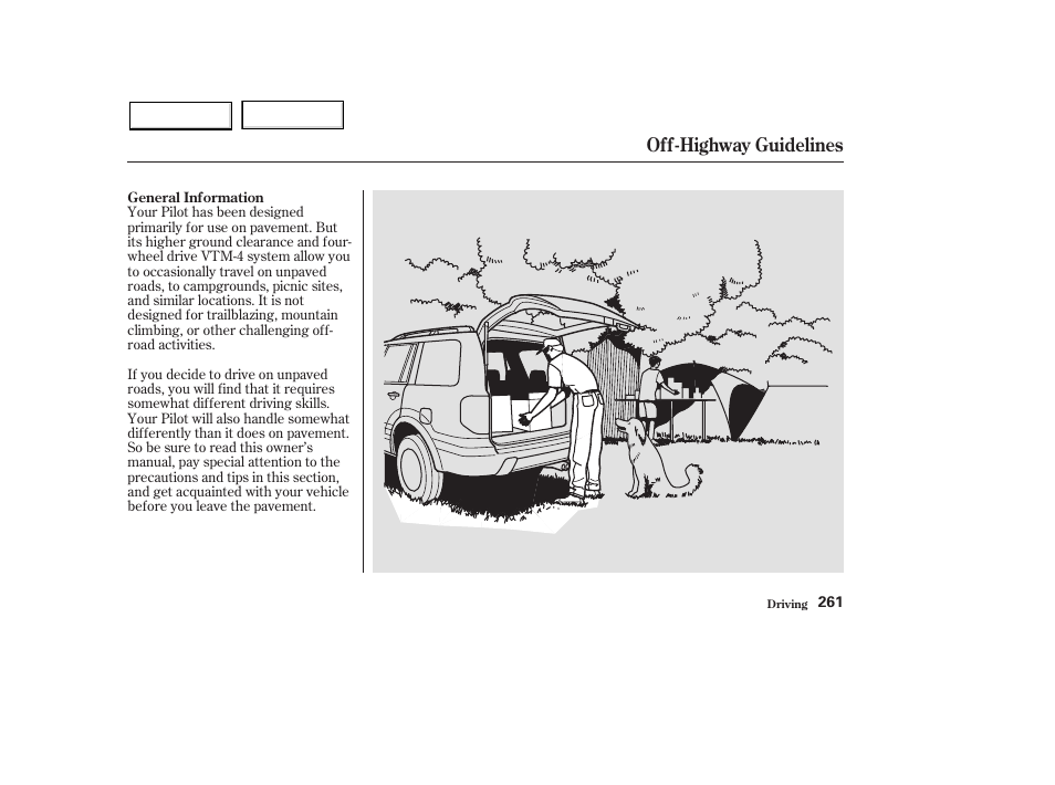 Off-highway guidelines | HONDA 2003 Pilot - Owner's Manual User Manual | Page 265 / 392