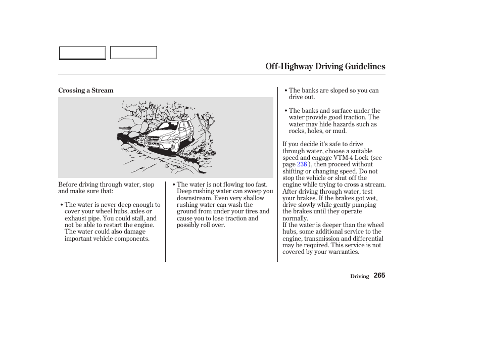 Off-highway driving guidelines | HONDA 2003 Pilot - Owner's Manual User Manual | Page 269 / 392