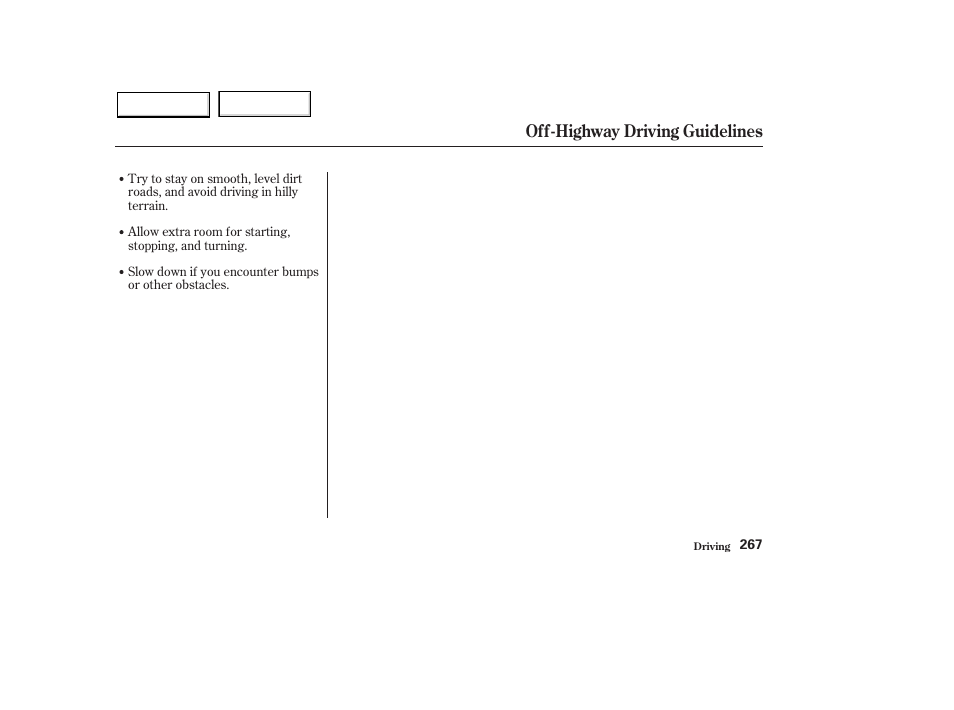 Off-highway driving guidelines | HONDA 2003 Pilot - Owner's Manual User Manual | Page 271 / 392