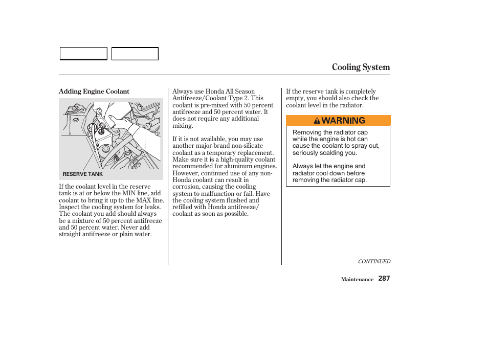 Cooling system | HONDA 2003 Pilot - Owner's Manual User Manual | Page 291 / 392