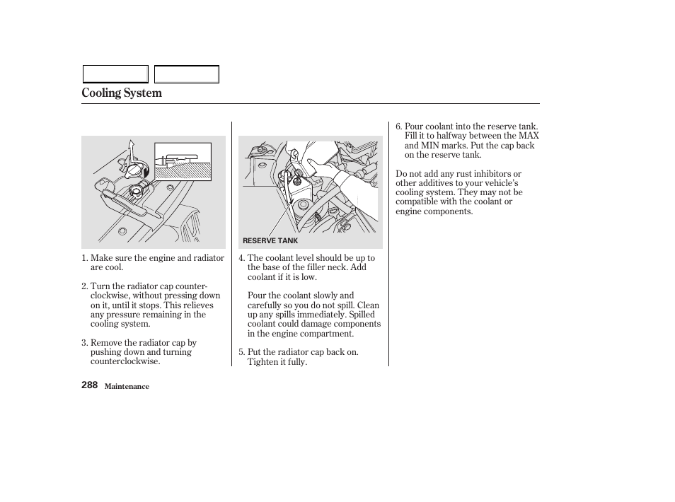 Cooling system | HONDA 2003 Pilot - Owner's Manual User Manual | Page 292 / 392