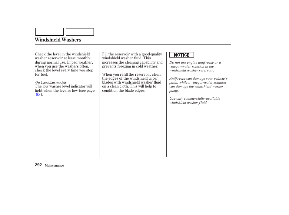 Windshield washers | HONDA 2003 Pilot - Owner's Manual User Manual | Page 296 / 392