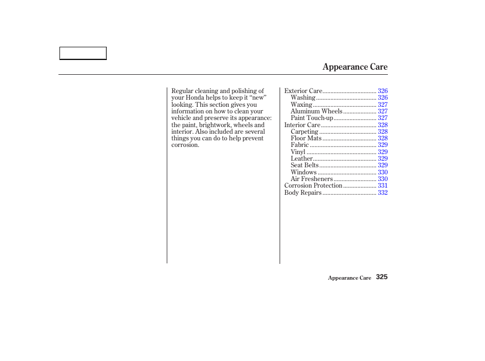 Appearance care | HONDA 2003 Pilot - Owner's Manual User Manual | Page 329 / 392
