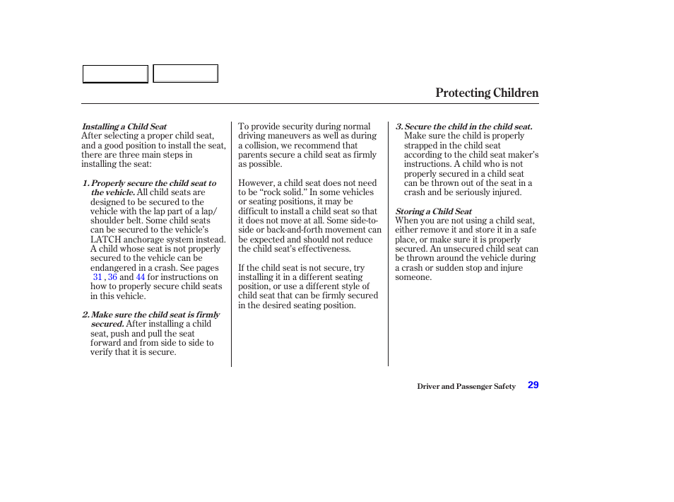 Protecting children | HONDA 2003 Pilot - Owner's Manual User Manual | Page 33 / 392