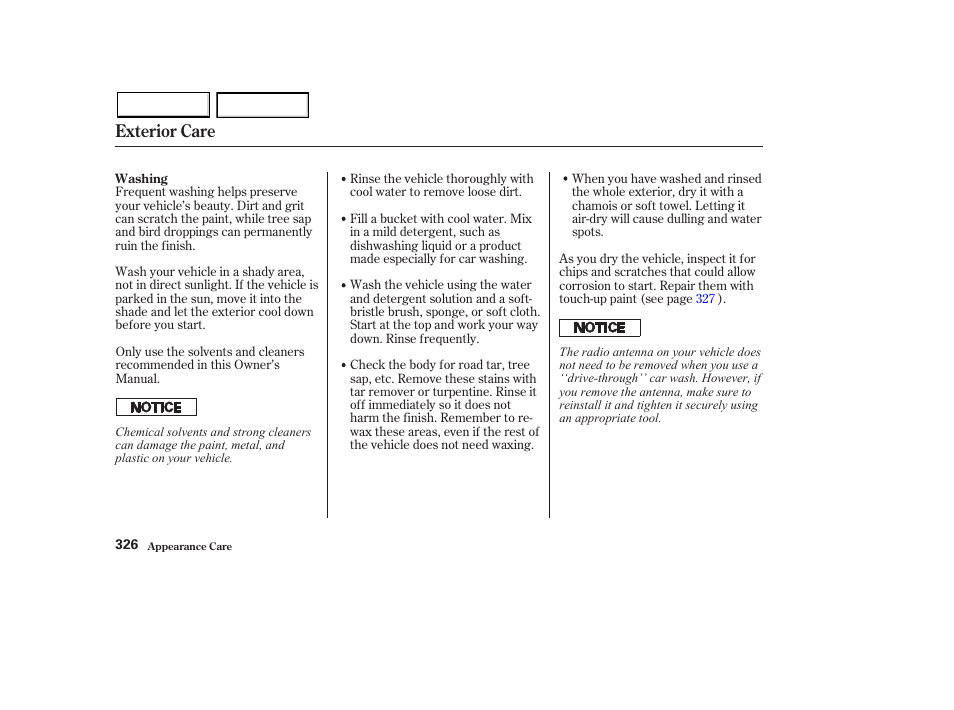 Exterior care | HONDA 2003 Pilot - Owner's Manual User Manual | Page 330 / 392
