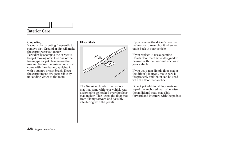 Interior care | HONDA 2003 Pilot - Owner's Manual User Manual | Page 332 / 392