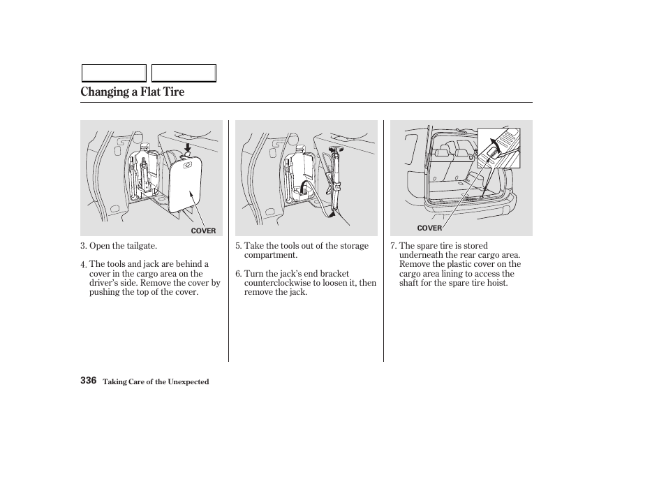 Changing a flat tire | HONDA 2003 Pilot - Owner's Manual User Manual | Page 340 / 392