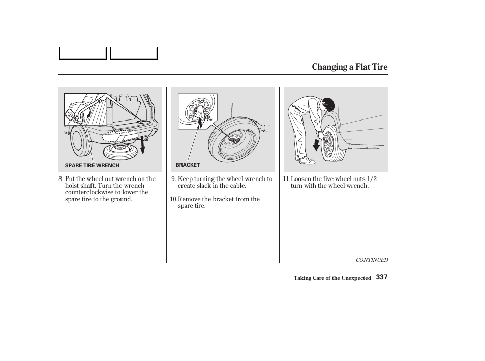 Changing a flat tire | HONDA 2003 Pilot - Owner's Manual User Manual | Page 341 / 392