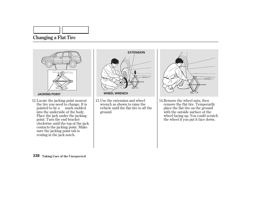 Changing a flat tire | HONDA 2003 Pilot - Owner's Manual User Manual | Page 342 / 392