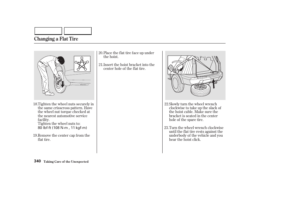 Changing a flat tire | HONDA 2003 Pilot - Owner's Manual User Manual | Page 344 / 392