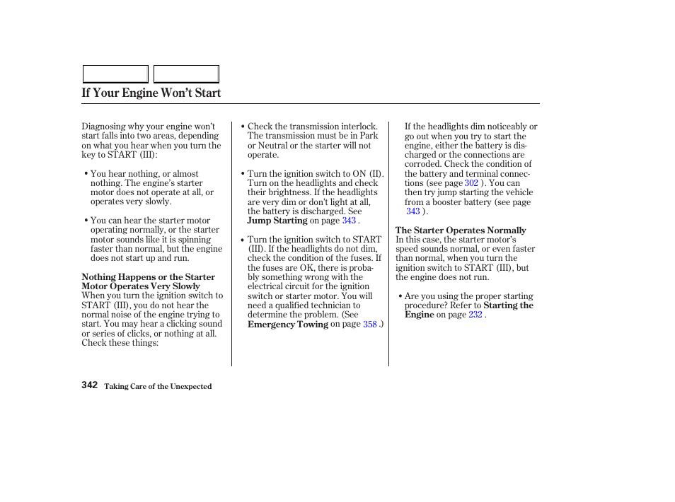 If your engine won’t start | HONDA 2003 Pilot - Owner's Manual User Manual | Page 346 / 392
