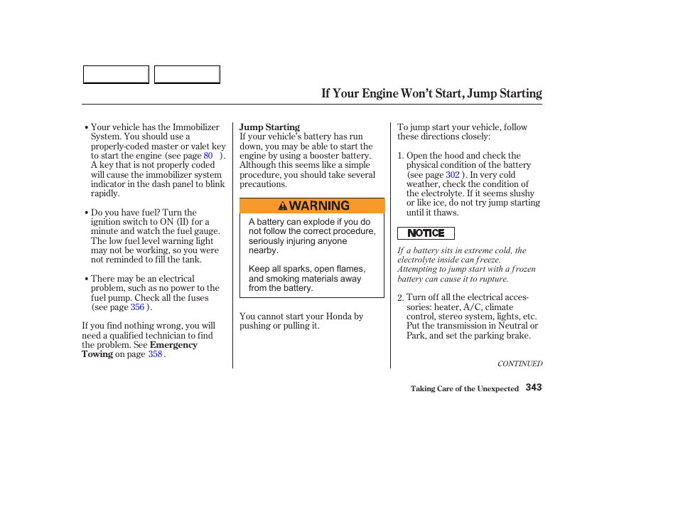 If your engine won’t start, jump starting | HONDA 2003 Pilot - Owner's Manual User Manual | Page 347 / 392