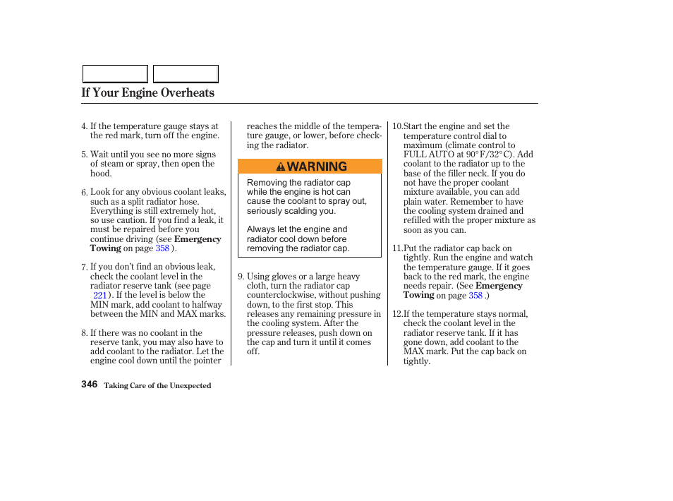 If your engine overheats | HONDA 2003 Pilot - Owner's Manual User Manual | Page 350 / 392