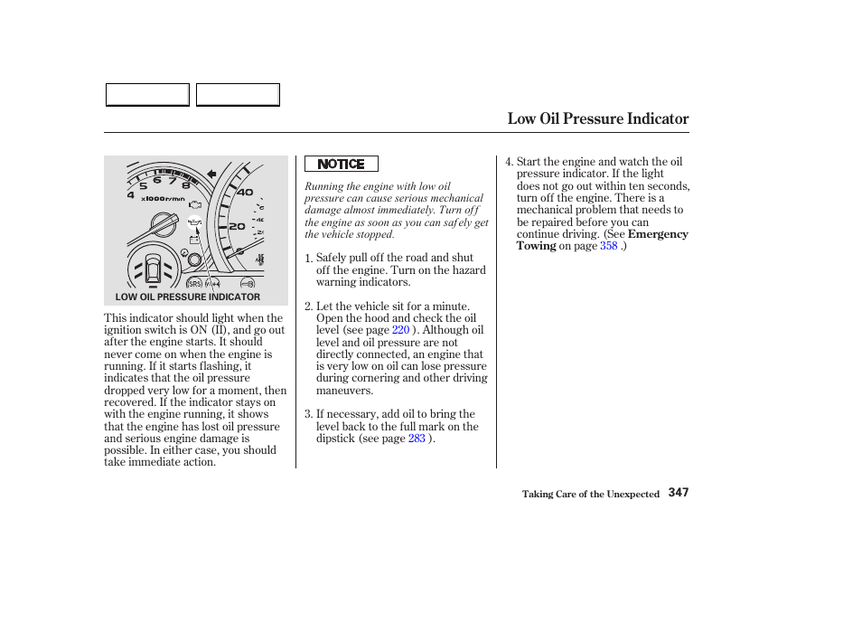 Low oil pressure indicator | HONDA 2003 Pilot - Owner's Manual User Manual | Page 351 / 392