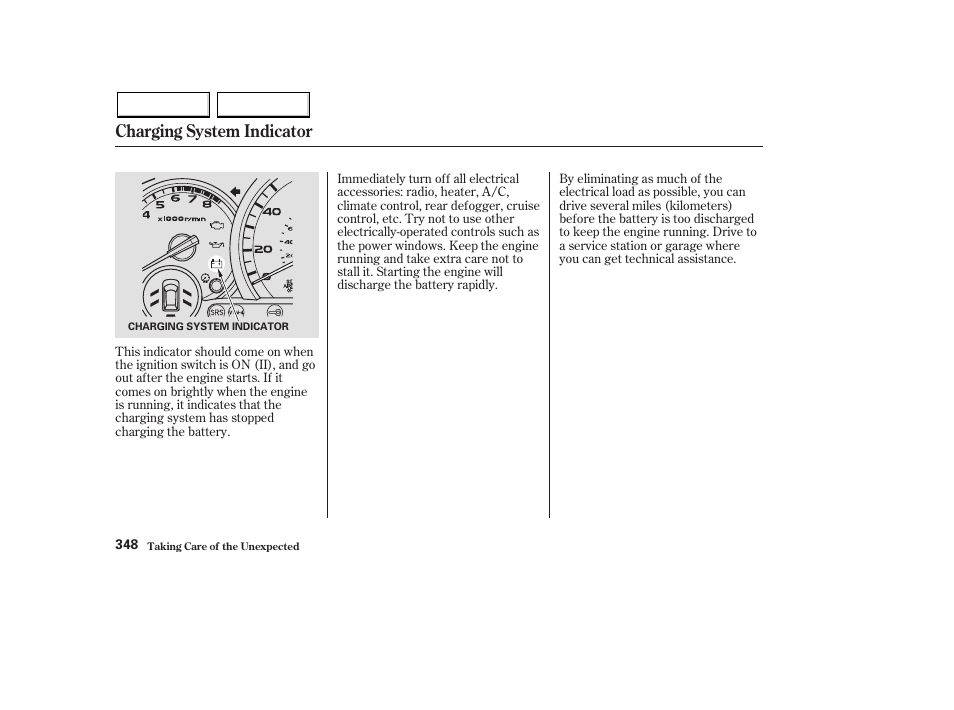 Charging system indicator | HONDA 2003 Pilot - Owner's Manual User Manual | Page 352 / 392