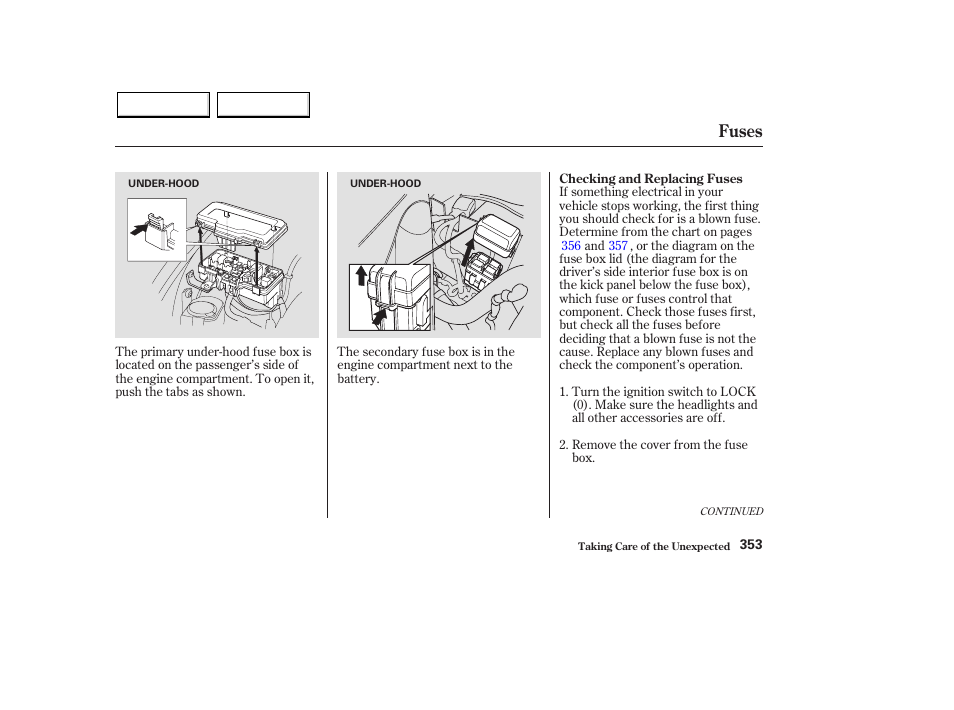 Fuses | HONDA 2003 Pilot - Owner's Manual User Manual | Page 357 / 392