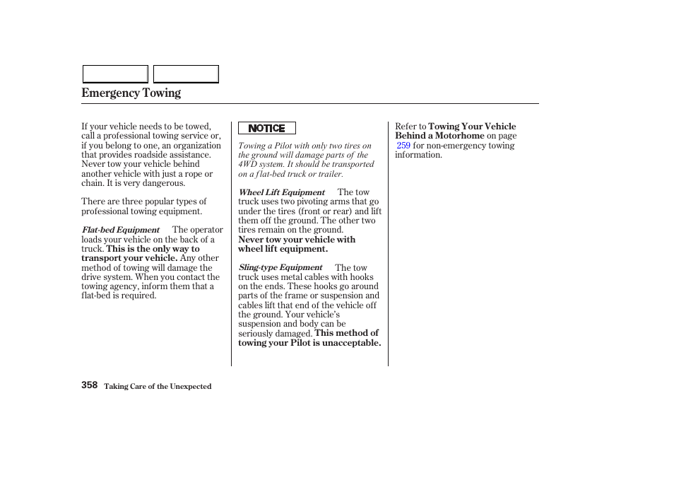 Emergency towing | HONDA 2003 Pilot - Owner's Manual User Manual | Page 362 / 392