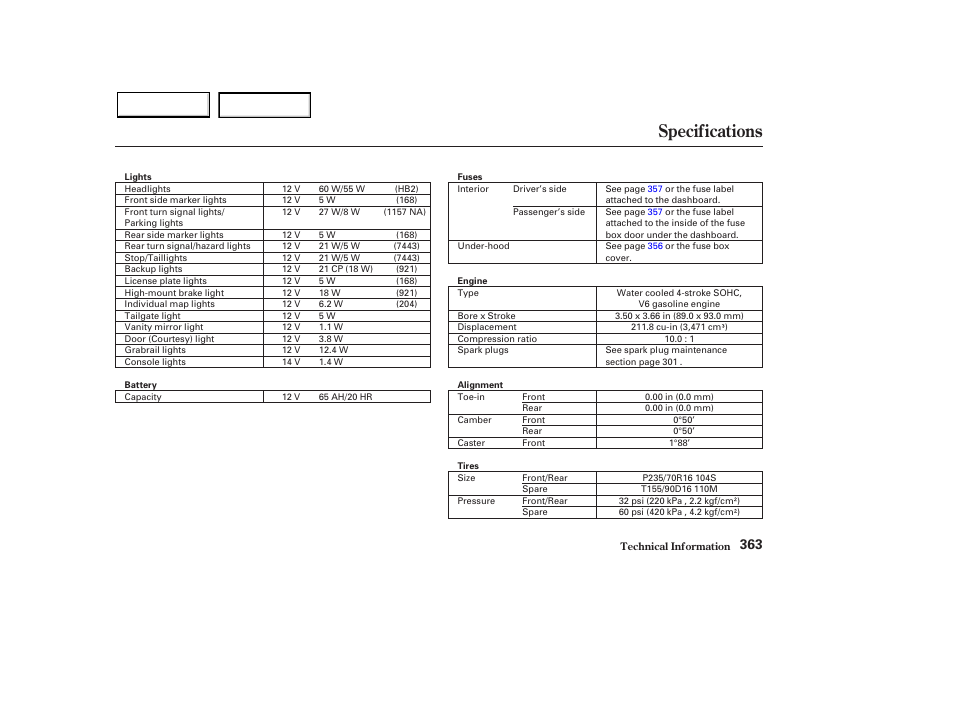 Specifications | HONDA 2003 Pilot - Owner's Manual User Manual | Page 367 / 392