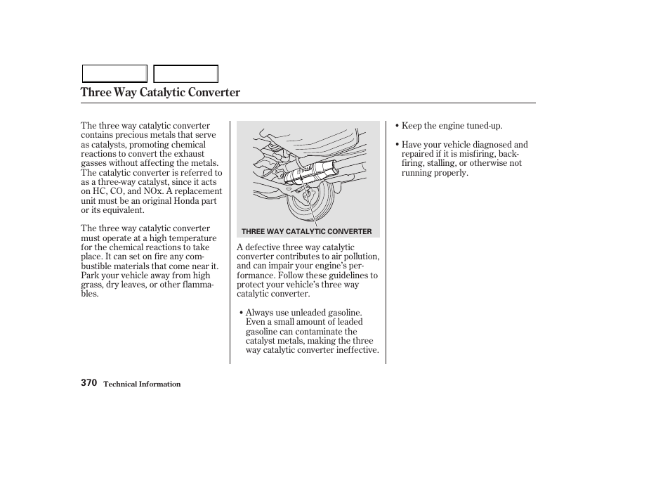 Three way catalytic converter | HONDA 2003 Pilot - Owner's Manual User Manual | Page 374 / 392