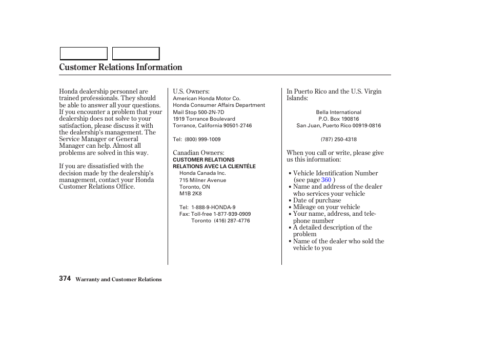 Customer relations information | HONDA 2003 Pilot - Owner's Manual User Manual | Page 378 / 392