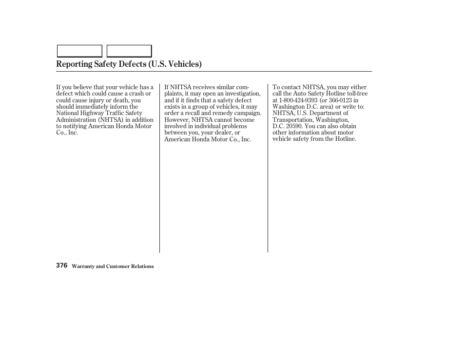 Reporting safety defects (u.s. vehicles) | HONDA 2003 Pilot - Owner's Manual User Manual | Page 380 / 392