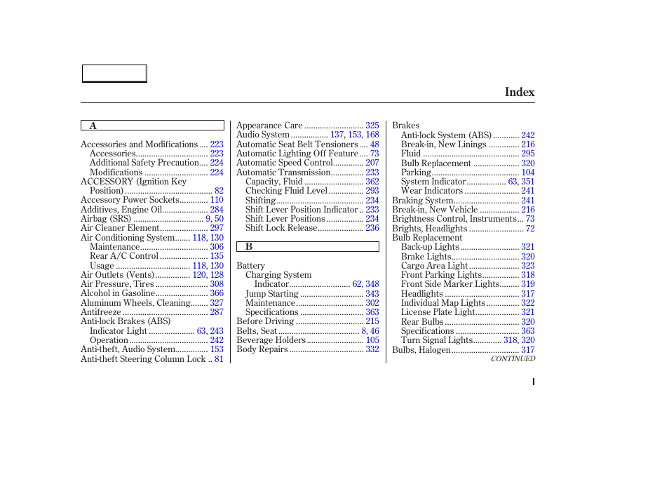 Index | HONDA 2003 Pilot - Owner's Manual User Manual | Page 383 / 392