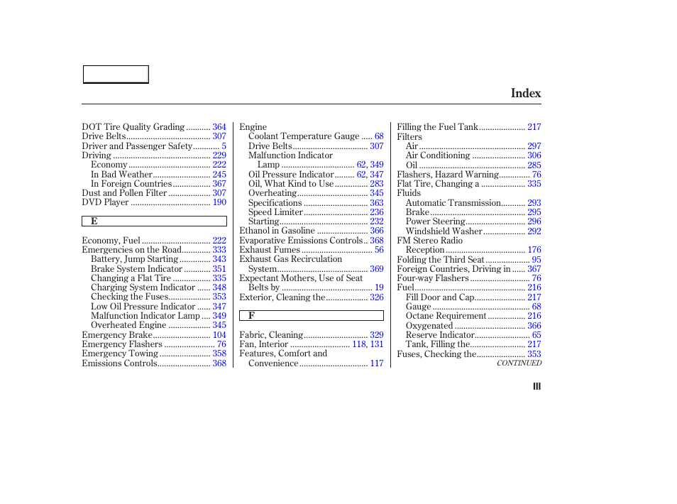 Index | HONDA 2003 Pilot - Owner's Manual User Manual | Page 385 / 392