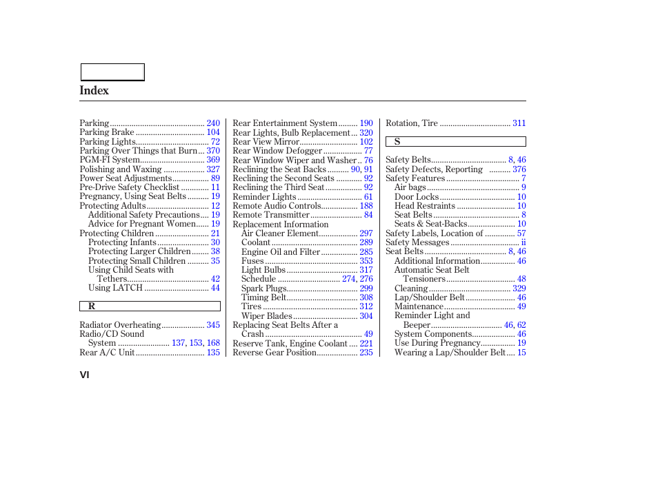 Index | HONDA 2003 Pilot - Owner's Manual User Manual | Page 388 / 392