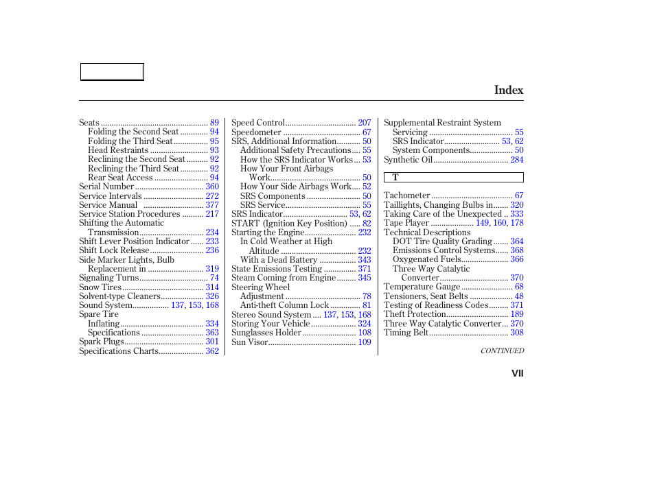 Index | HONDA 2003 Pilot - Owner's Manual User Manual | Page 389 / 392