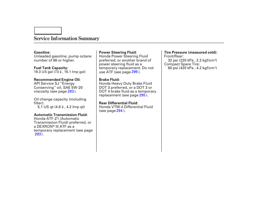 Service information summary | HONDA 2003 Pilot - Owner's Manual User Manual | Page 392 / 392