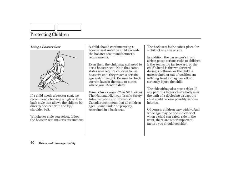 Protecting children | HONDA 2003 Pilot - Owner's Manual User Manual | Page 44 / 392
