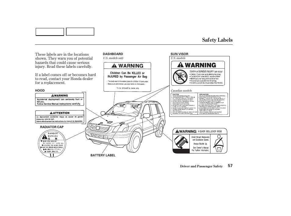 Safety labels | HONDA 2003 Pilot - Owner's Manual User Manual | Page 61 / 392