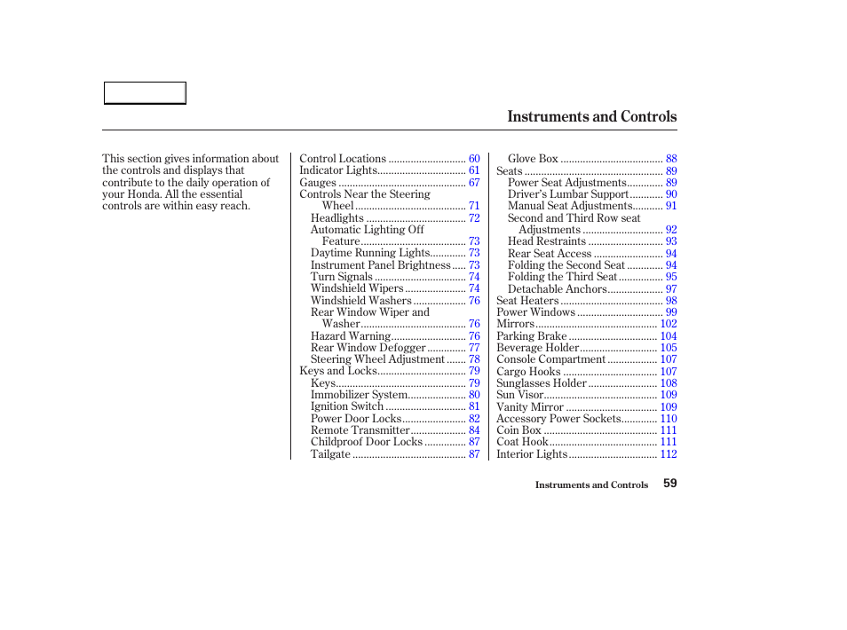 Instruments and controls | HONDA 2003 Pilot - Owner's Manual User Manual | Page 63 / 392