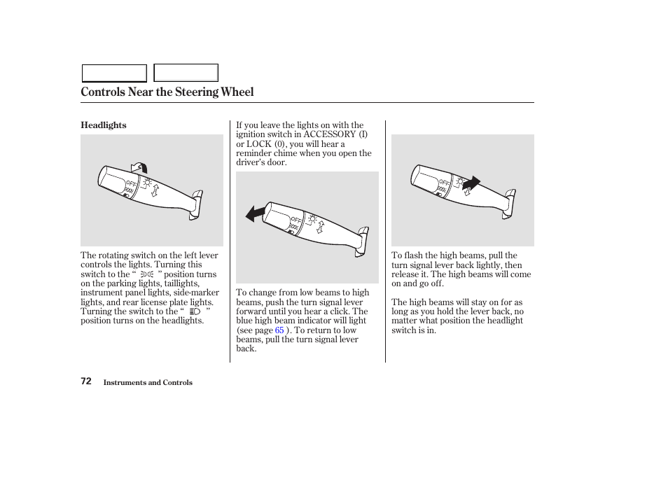 Controls near the steering wheel | HONDA 2003 Pilot - Owner's Manual User Manual | Page 76 / 392