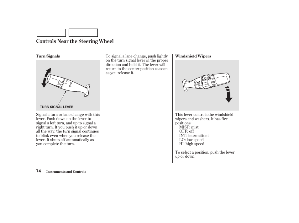 Controls near the steering wheel | HONDA 2003 Pilot - Owner's Manual User Manual | Page 78 / 392