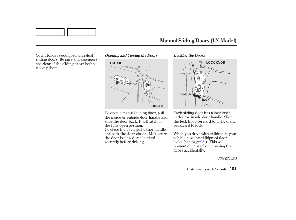 Manual sliding doors (lx model) | HONDA 2003 Odyssey - Owner's Manual User Manual | Page 104 / 415