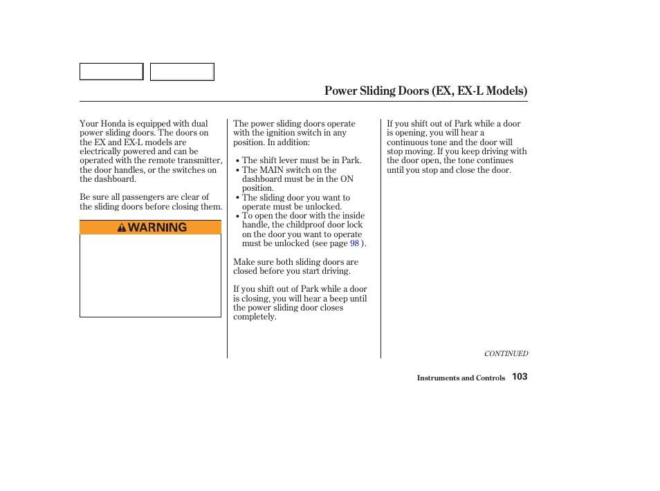 Power sliding doors (ex, ex-l models) | HONDA 2003 Odyssey - Owner's Manual User Manual | Page 106 / 415