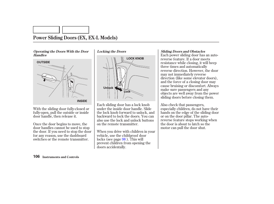 Power sliding doors (ex, ex-l models) | HONDA 2003 Odyssey - Owner's Manual User Manual | Page 109 / 415