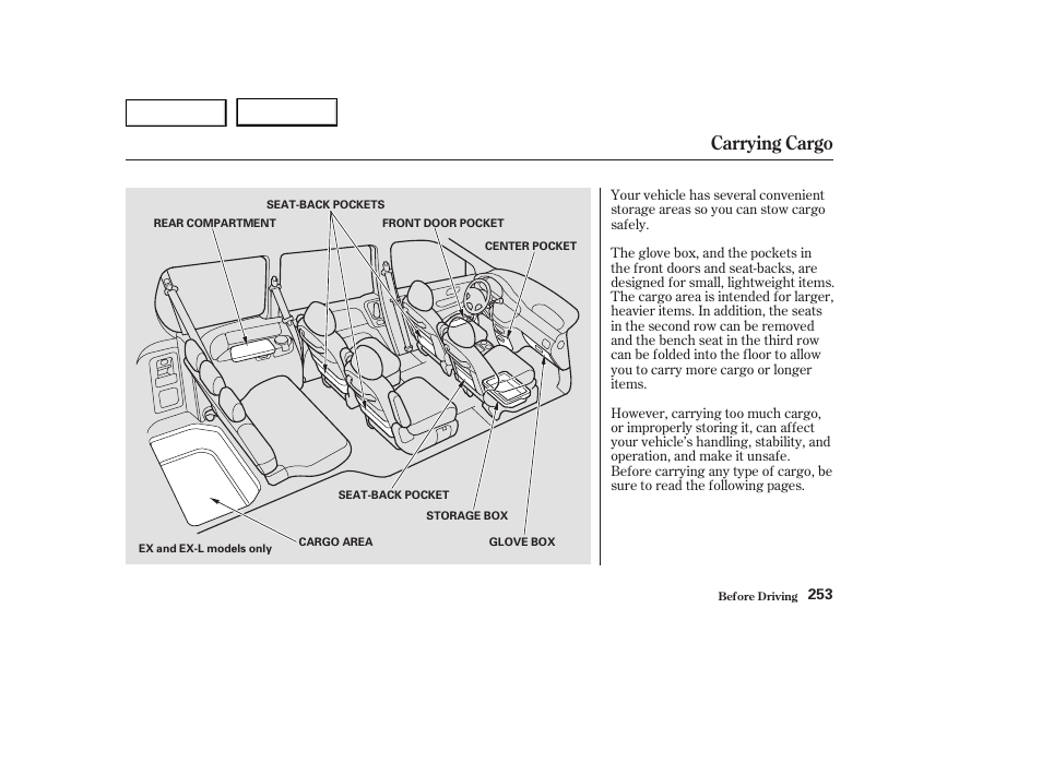 Carrying cargo | HONDA 2003 Odyssey - Owner's Manual User Manual | Page 256 / 415