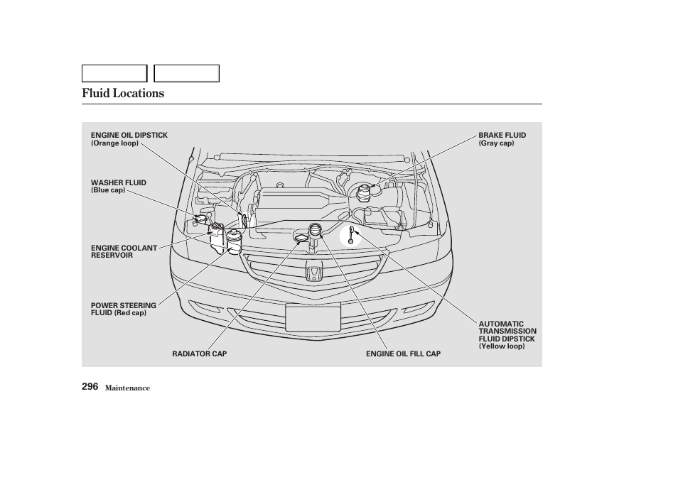 Fluid locations | HONDA 2003 Odyssey - Owner's Manual User Manual | Page 299 / 415