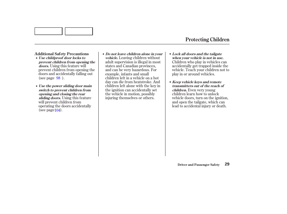 Protecting children | HONDA 2003 Odyssey - Owner's Manual User Manual | Page 32 / 415