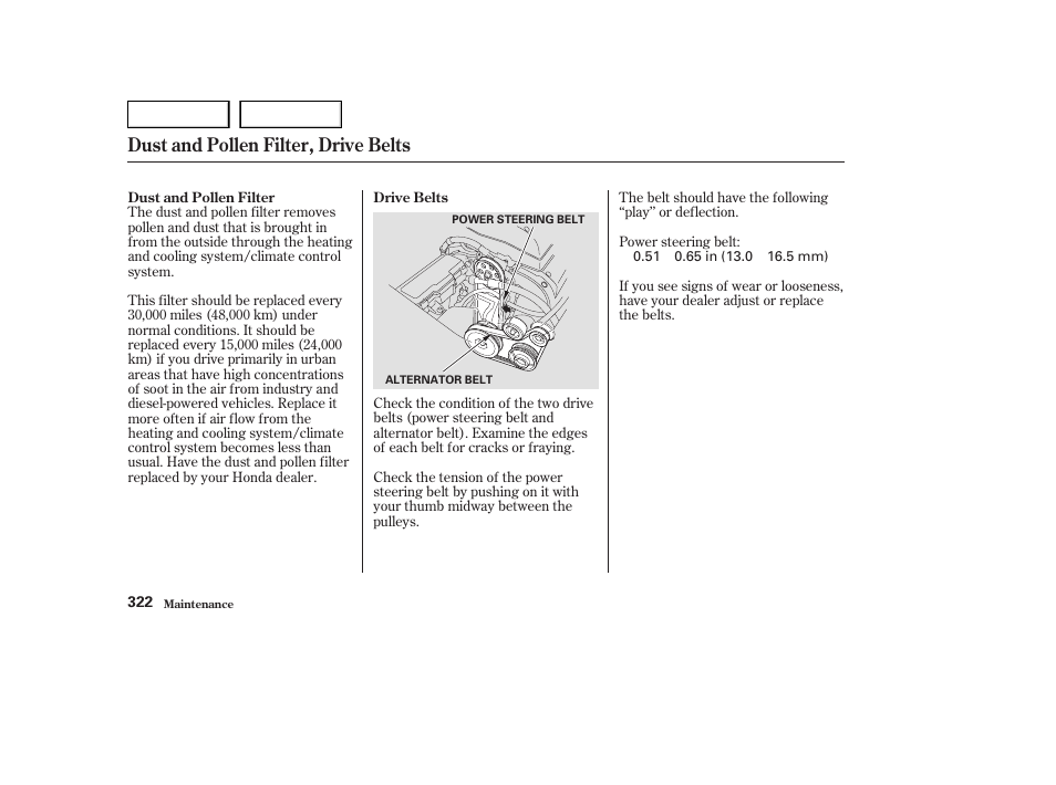 Dust and pollen filter, drive belts | HONDA 2003 Odyssey - Owner's Manual User Manual | Page 325 / 415