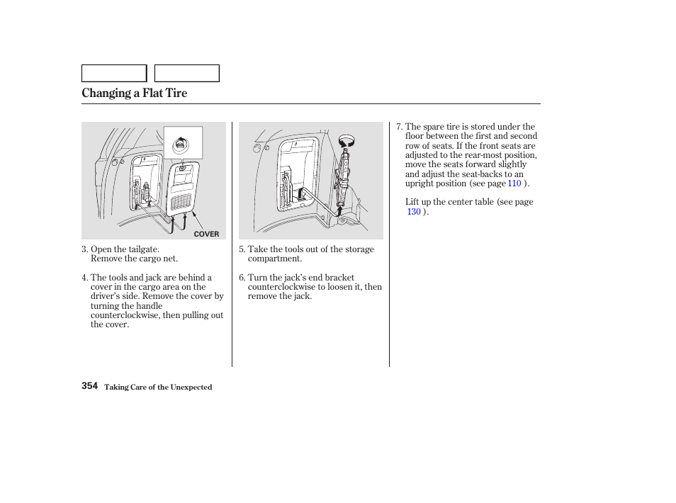 Changing a flat tire | HONDA 2003 Odyssey - Owner's Manual User Manual | Page 357 / 415
