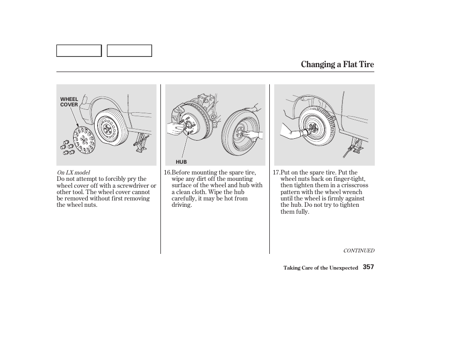 Changing a flat tire | HONDA 2003 Odyssey - Owner's Manual User Manual | Page 360 / 415